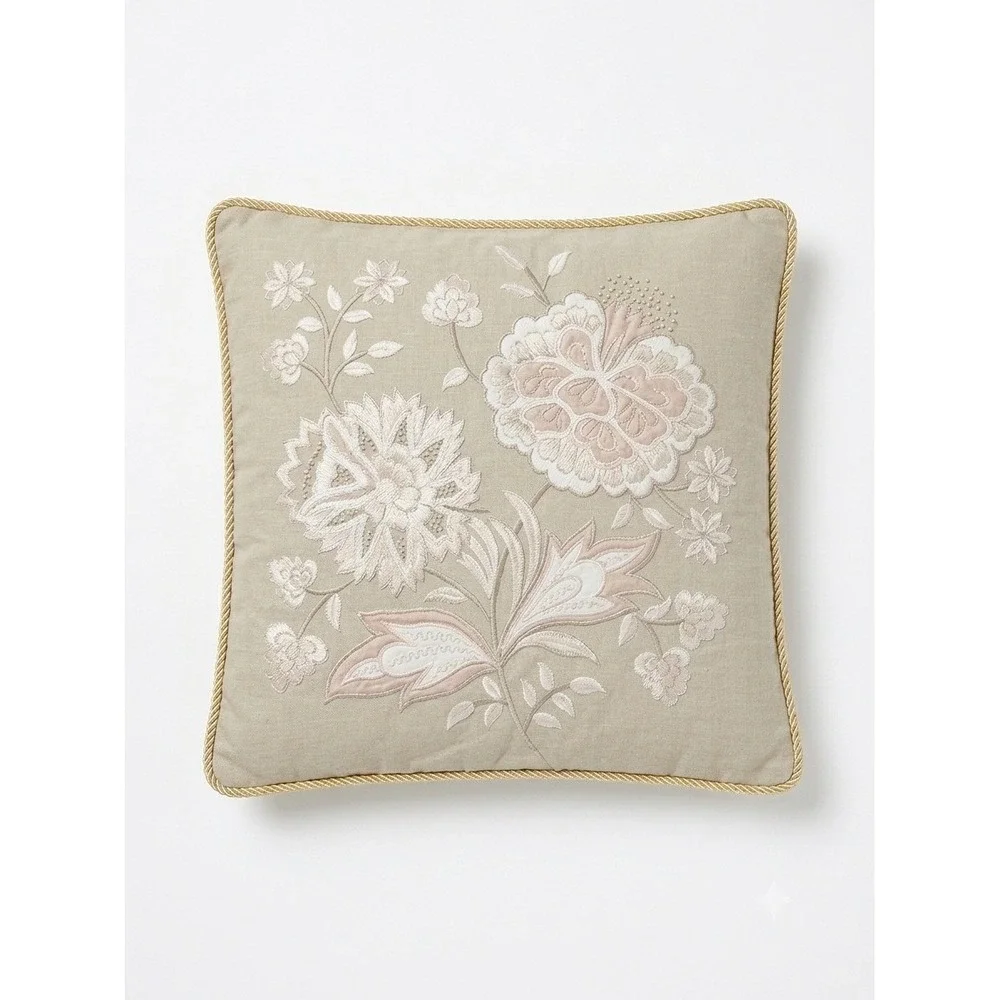 Pier‎ 1 Imports Beige Floral Embroidered Beaded Square Throw Pillow Cover